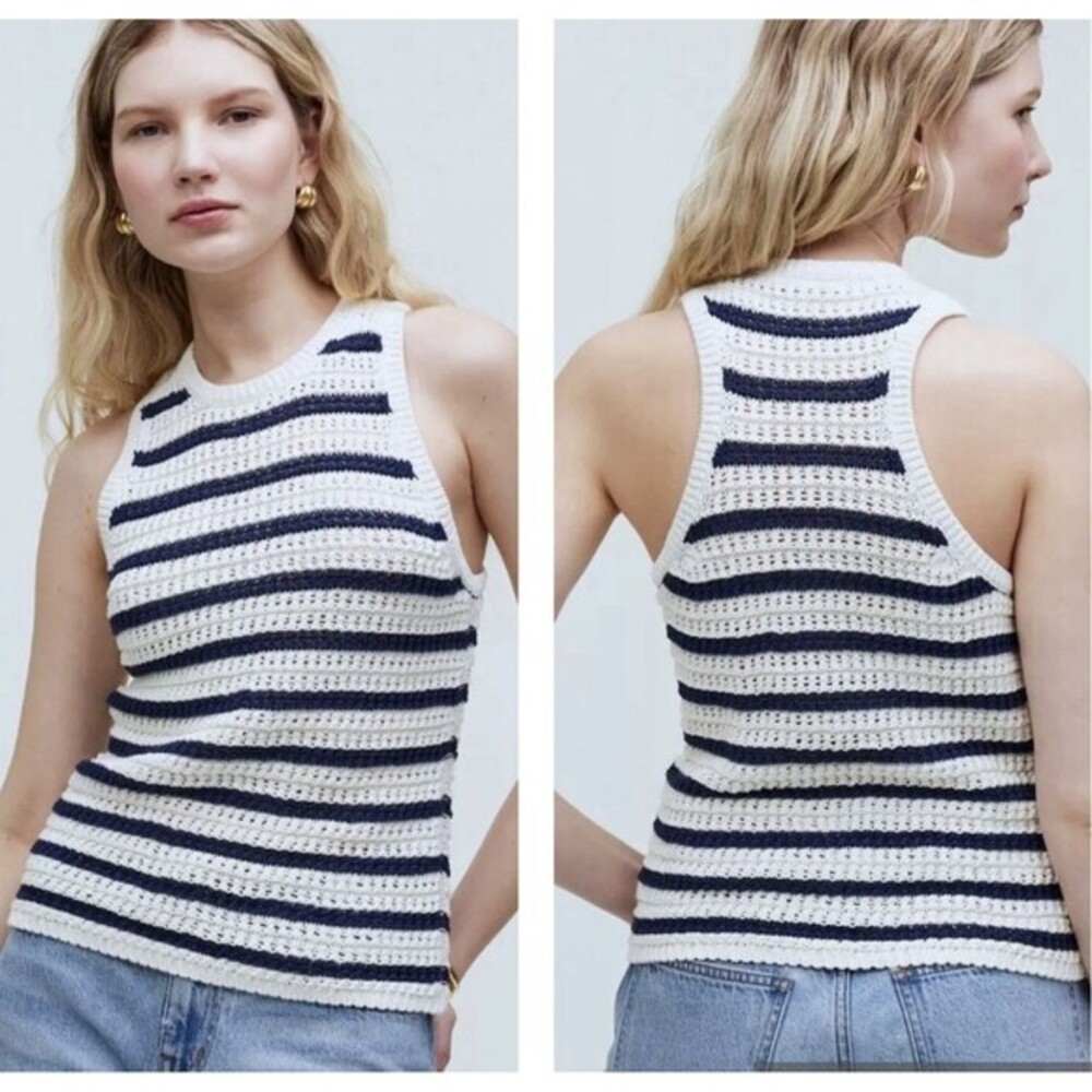 Madewell  Knit Tank Top Sz XXS Crochet Knit Ivory/Navy Fisherman Coastal NWT